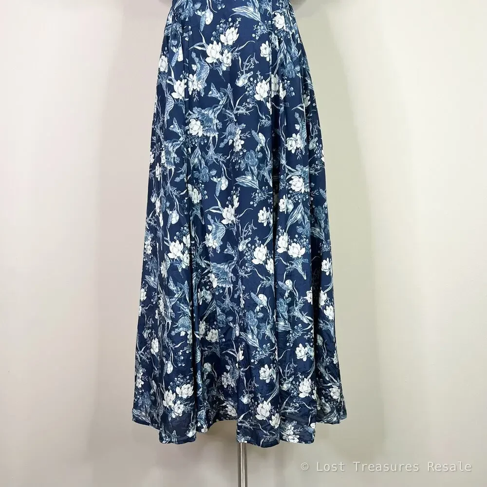 Abercrombie | Floral Drama Puff Sleeve Maxi Dress Open Tie Back Blue White Small